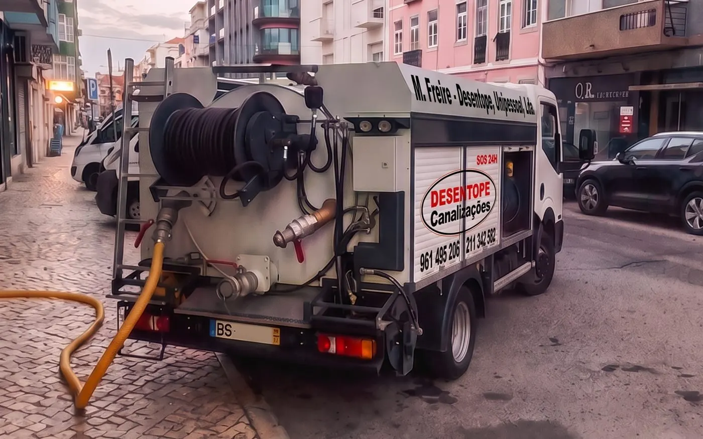 Traseira do camião de hidropressão Desentope Canalizações, com cisterna, enrolador de mangueira e logótipo oval na lateral