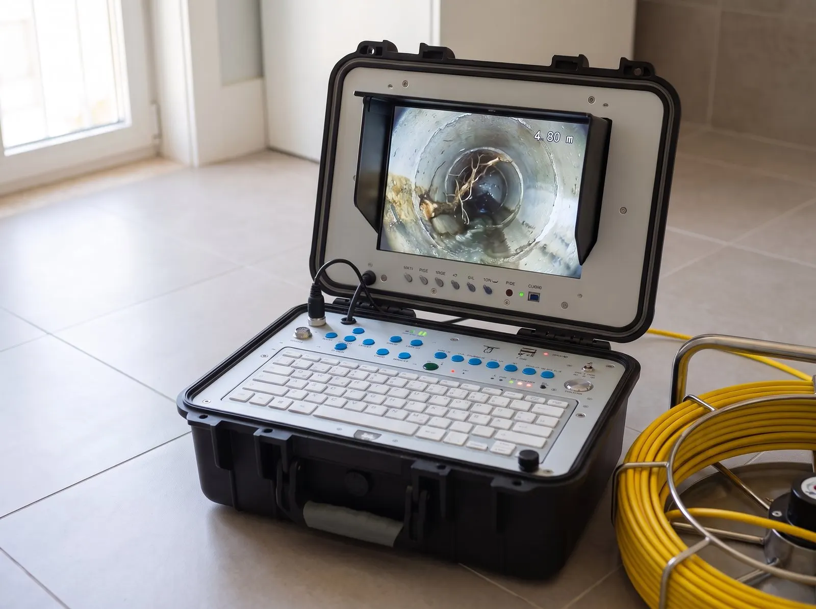 Sistema de inspeção vídeo com monitor a mostrar o interior de uma canalização